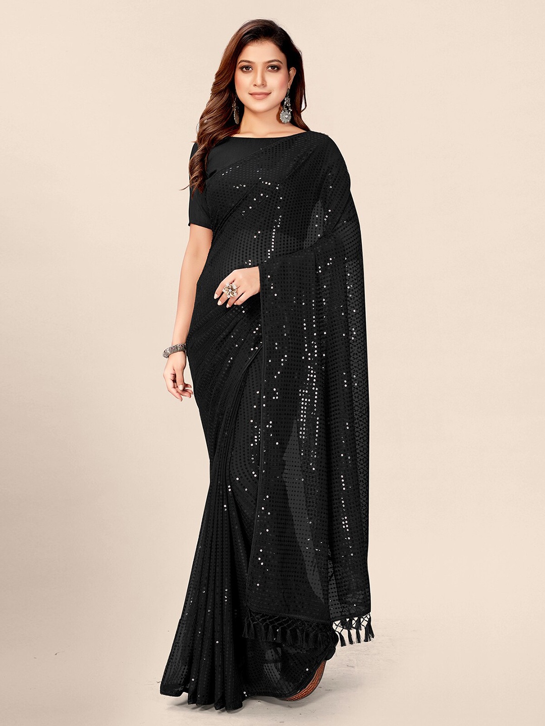 

Pratham Blue Black Embellished Sequinned Pure Georgette Saree