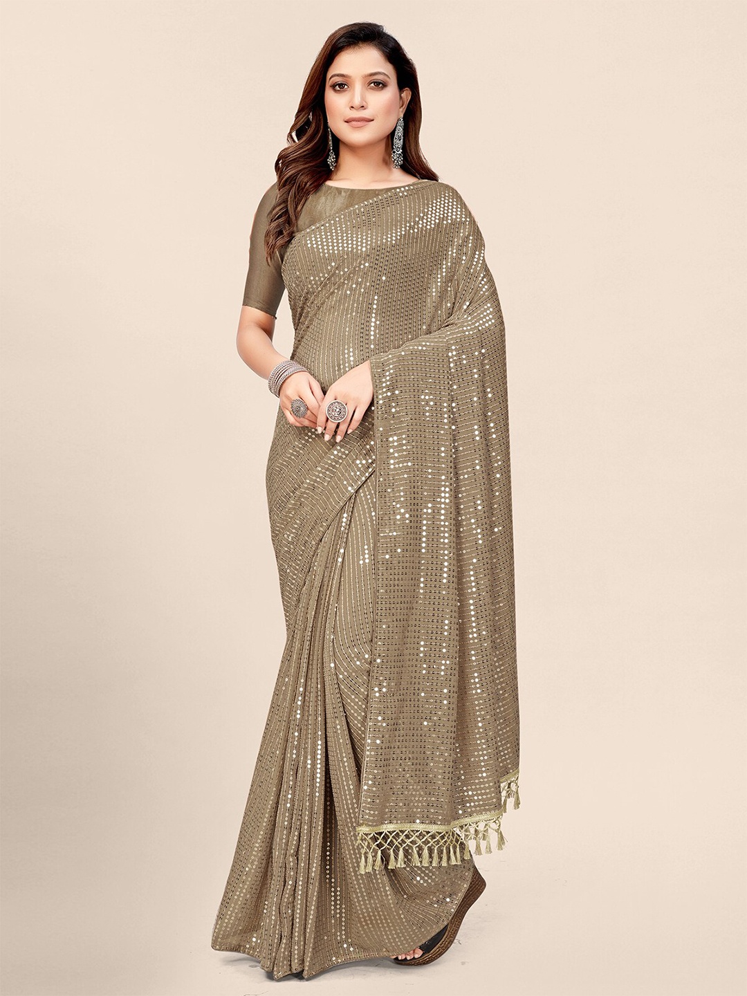 

Pratham Blue Beige Embellished Sequinned Pure Georgette Saree