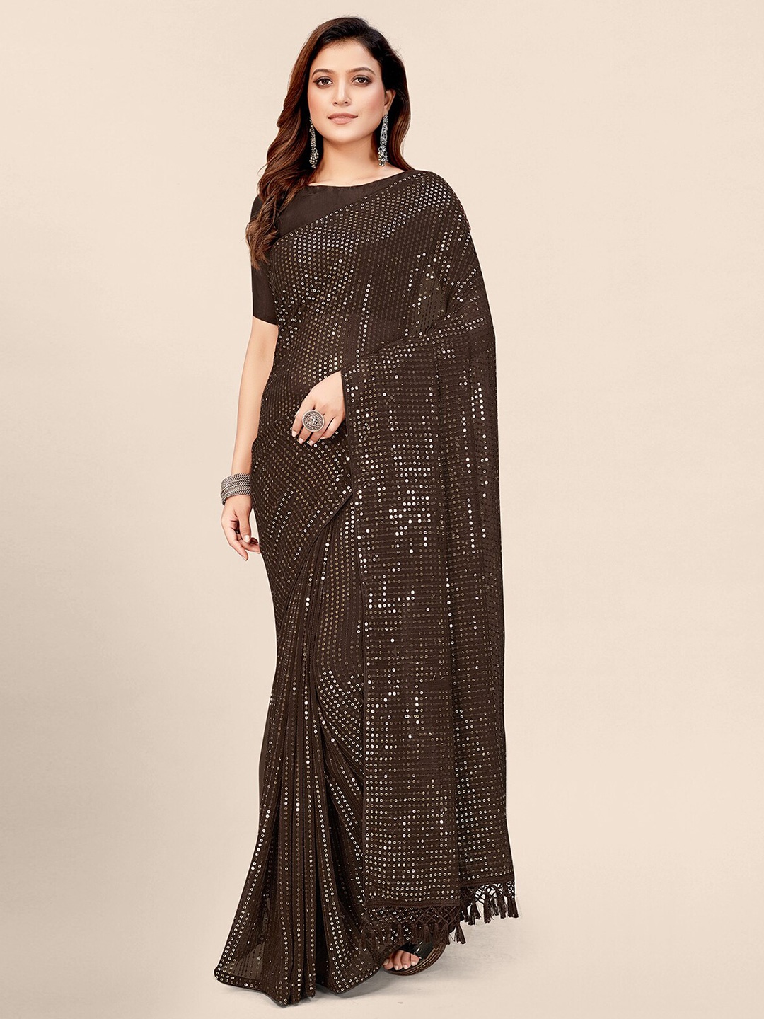 

Pratham Blue Brown Embellished Sequinned Pure Georgette Saree