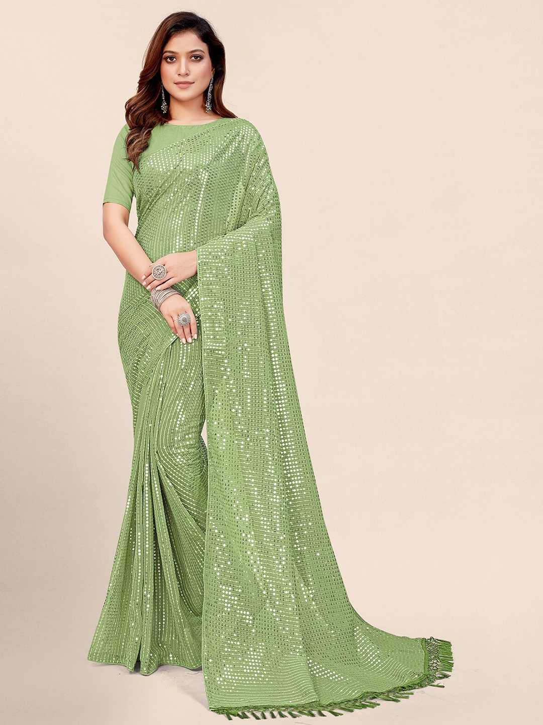 

Pratham Blue Fluorescent Green Embellished Sequinned Pure Georgette Saree