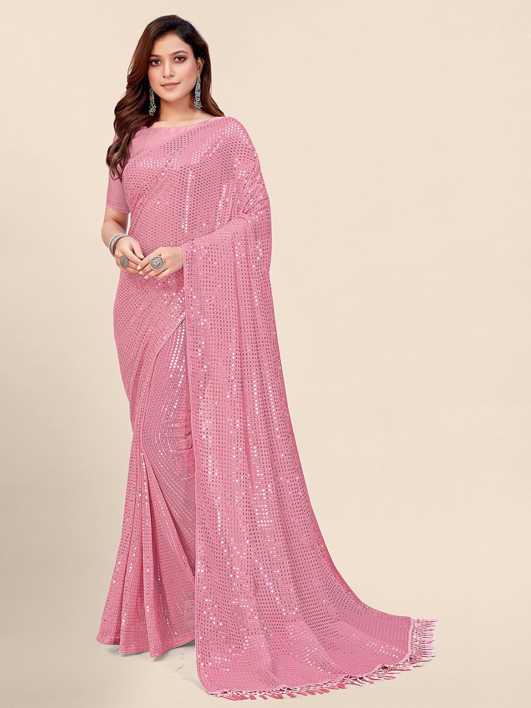 

Pratham Blue Peach-Coloured Embellished Sequinned Pure Georgette Saree