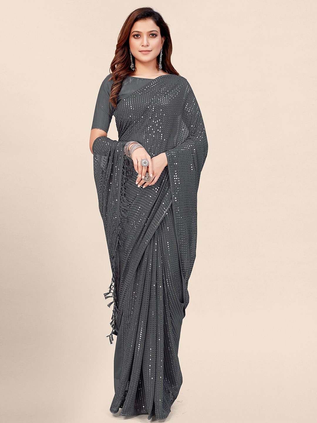 

Pratham Blue Grey Embellished Sequinned Pure Georgette Saree