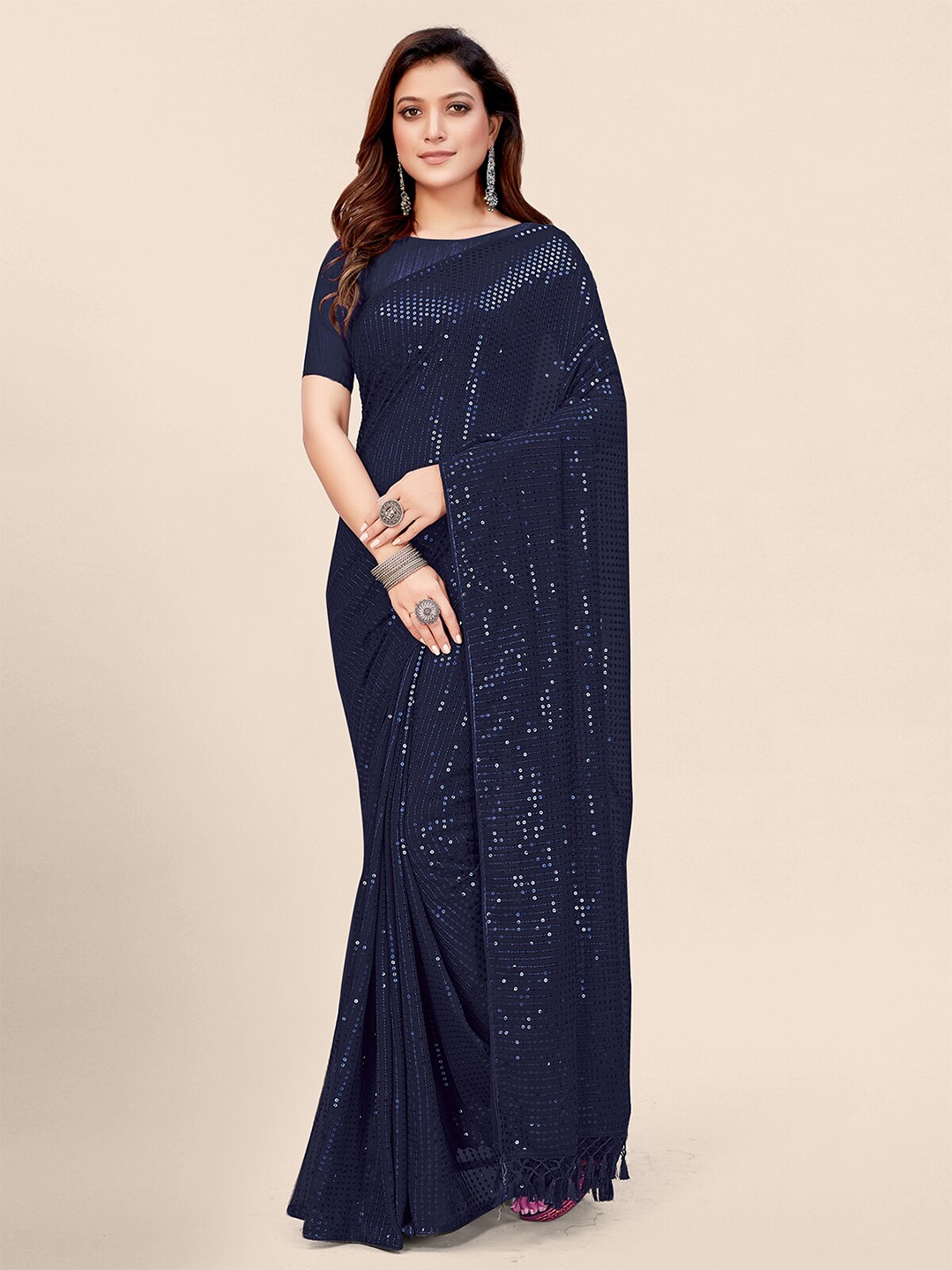 

Pratham Blue Embellished Sequinned Pure Georgette Saree