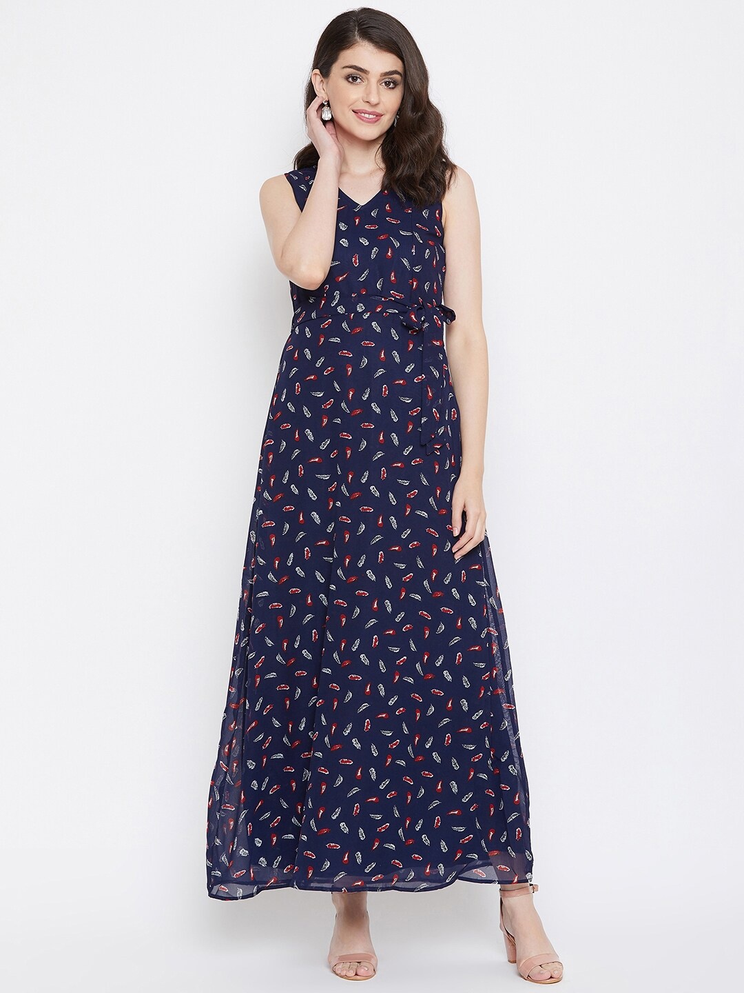 

La Zoire Navy Blue Georgette Printed Maxi Dress