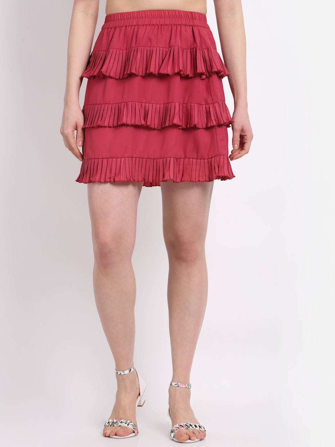 

La Zoire Women Pink Solid Pleated Panel Tiered Mini Skirt