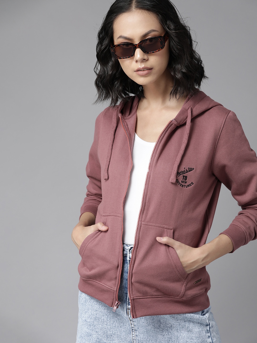 

Roadster Women Burgundy Solid Hooded Sweatshirt