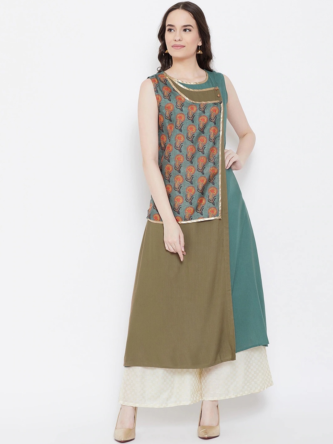 

Be Indi Women Teal & Olive Green Floral Kurta