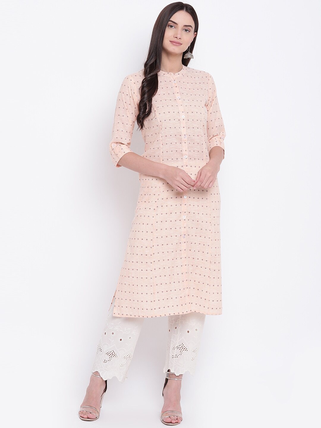 

Be Indi Women Peach-Coloured Geometric Printed Cotton Kurta