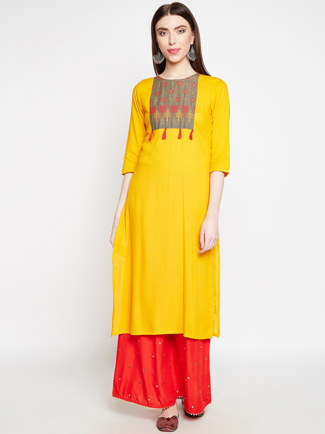 

Be Indi Women Mustard Yellow Ethnic Motifs Yoke Design Thread Work Kurta