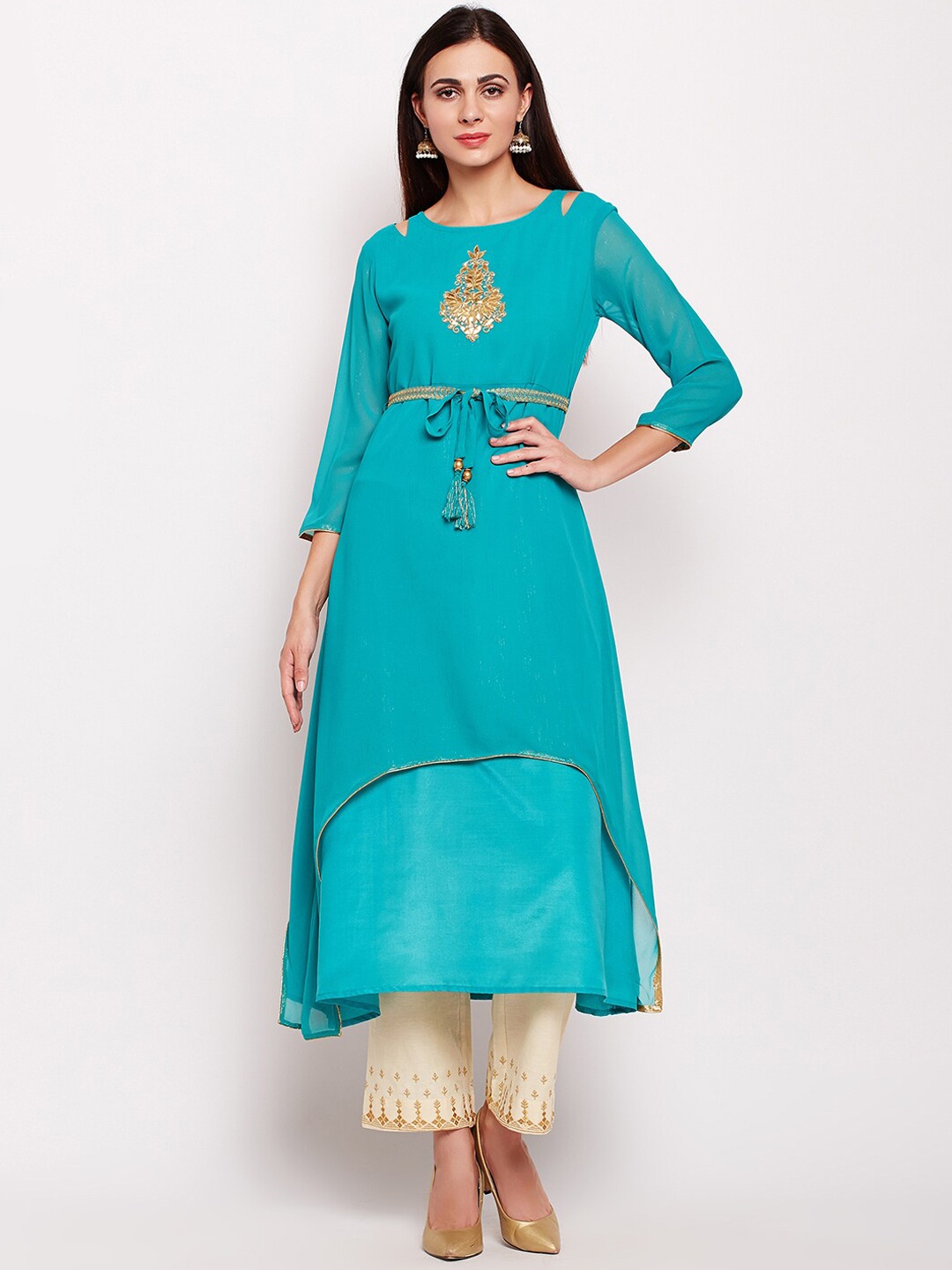 

Be Indi Women Teal Embroidered Kurta