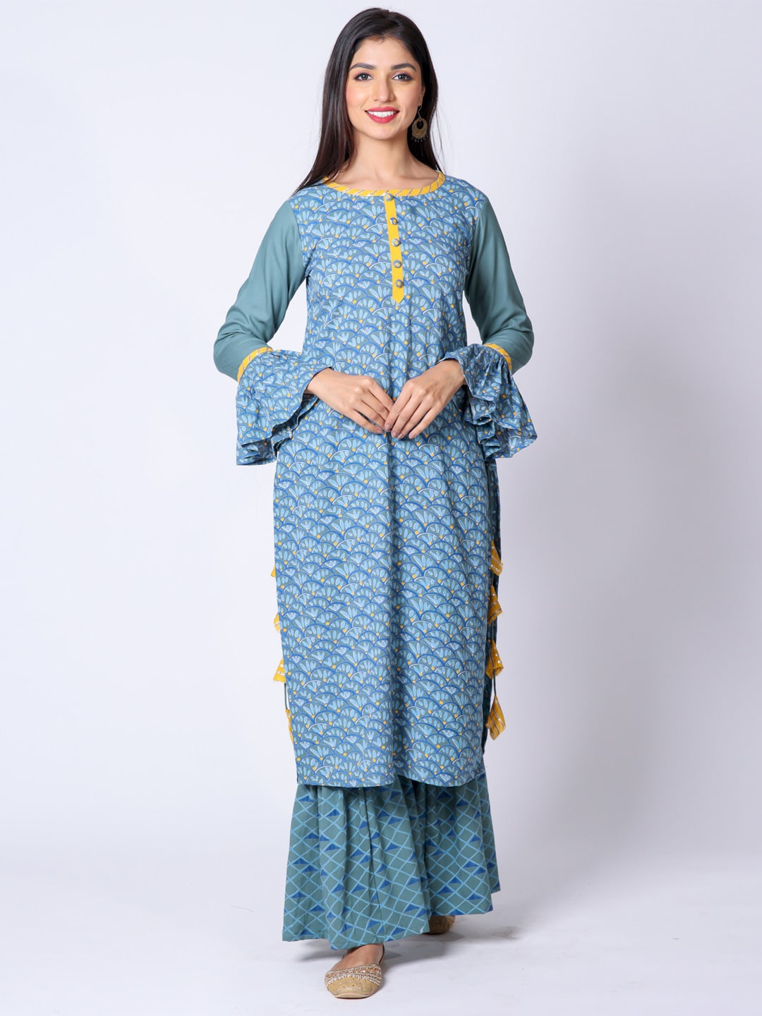 

BUTA BUTI Women Blue Ethnic Motifs Printed Pure Cotton Kurta with Sharara