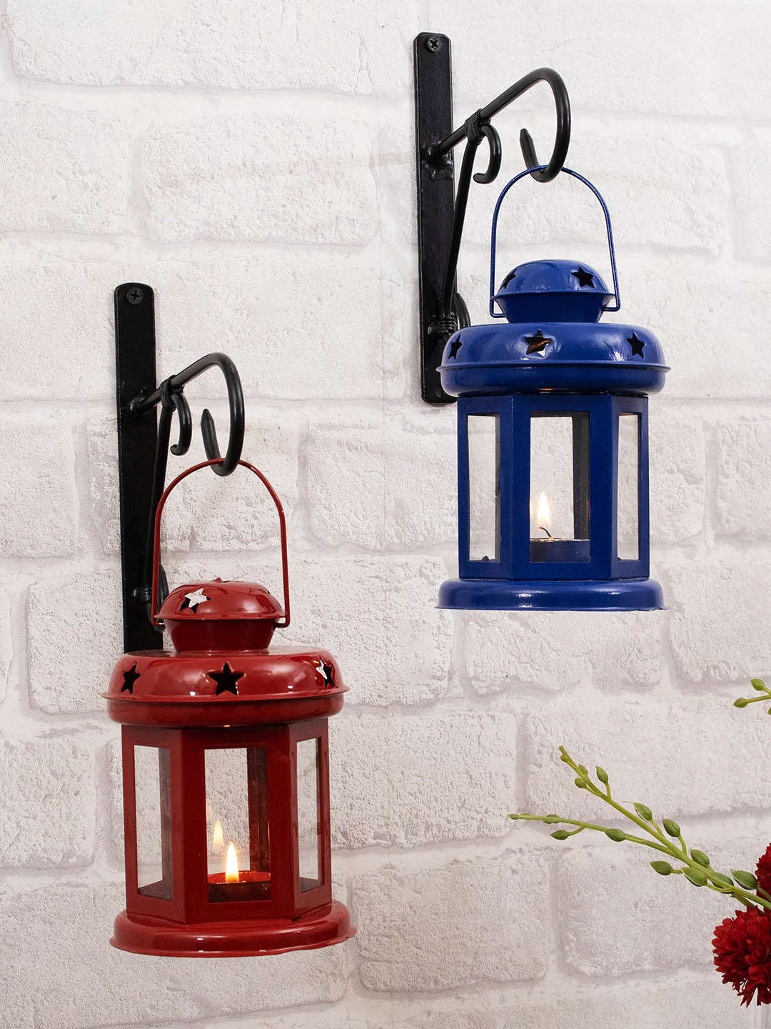 

Homesake Set of 2 Decorative Wall Star Metal Lantern With Wall Hook, Red