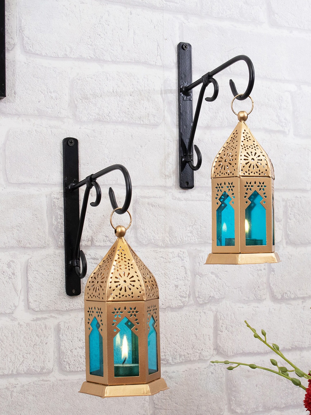 

Homesake Set Of 2 Gold-Toned & Blue Solid Metal Hanging Metal Candle Holders