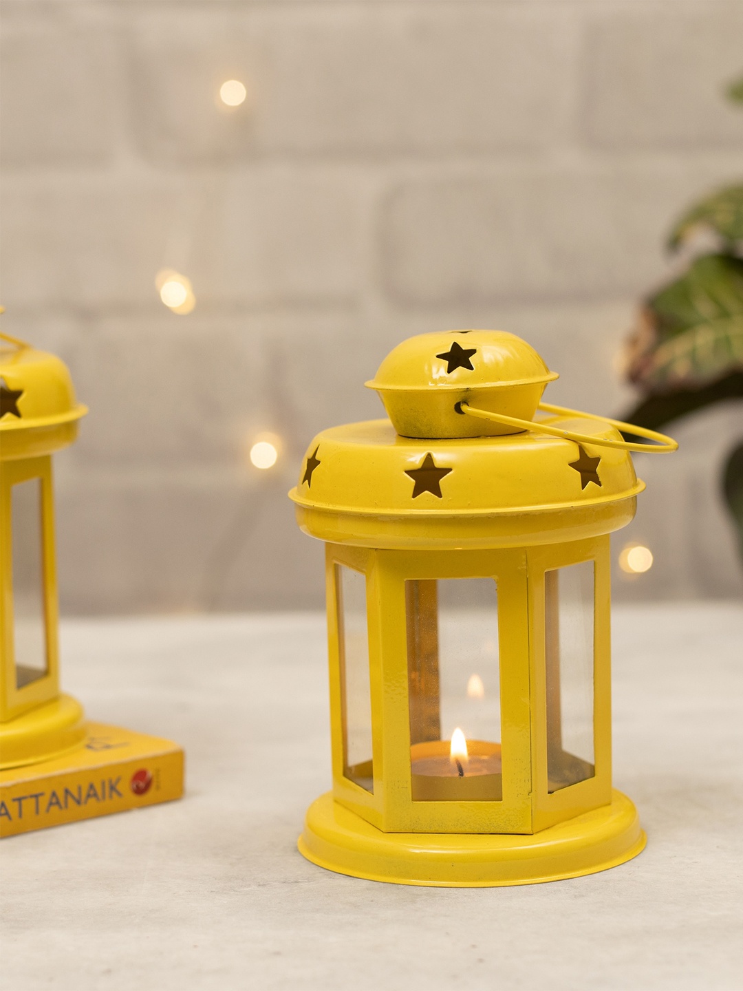 

Homesake Set of 2 Yellow Metal Decorative Lantern Shaped Candle Holders