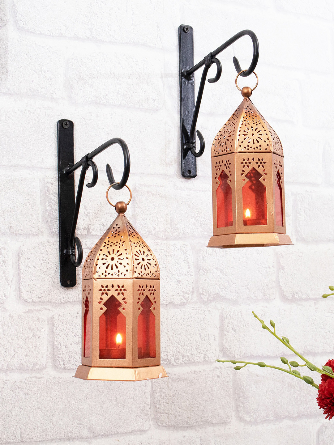 

Homesake Set Of 2 Gold-Toned Moroccan Lantern Candle Holders, Red