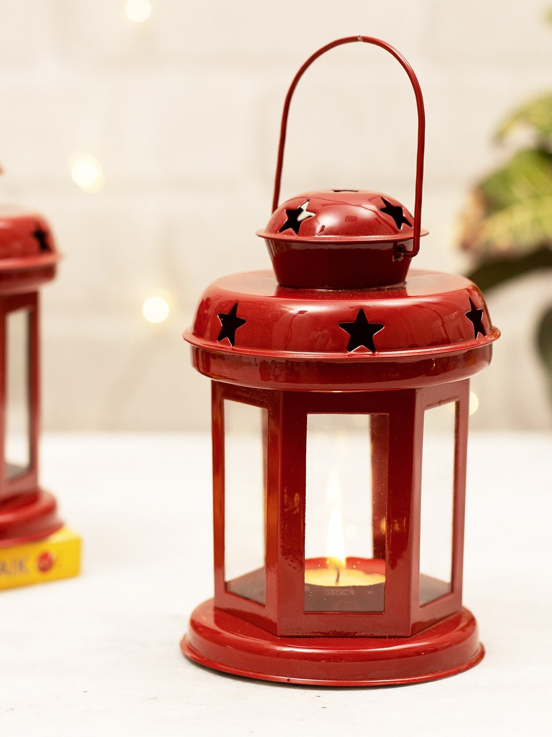 Homesake Set Of 2 Red Solid Lantern Shaped Candle Holders