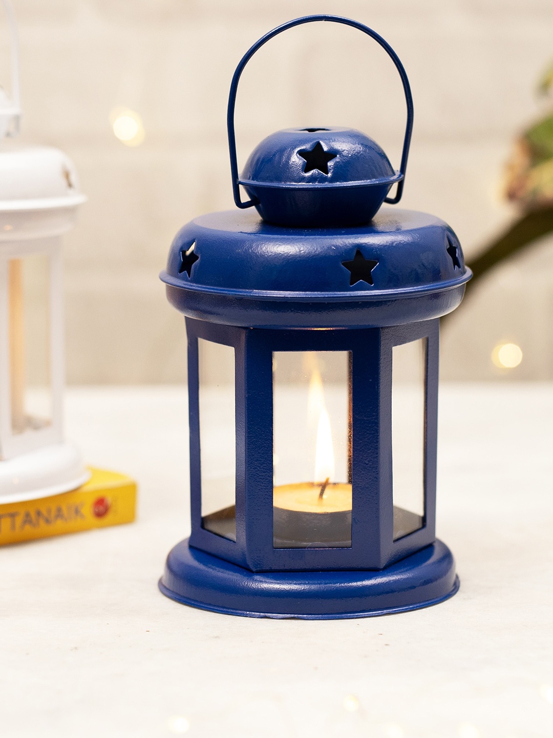 

Homesake Set Of 2 White & Blue Textured Hanging Lanterns