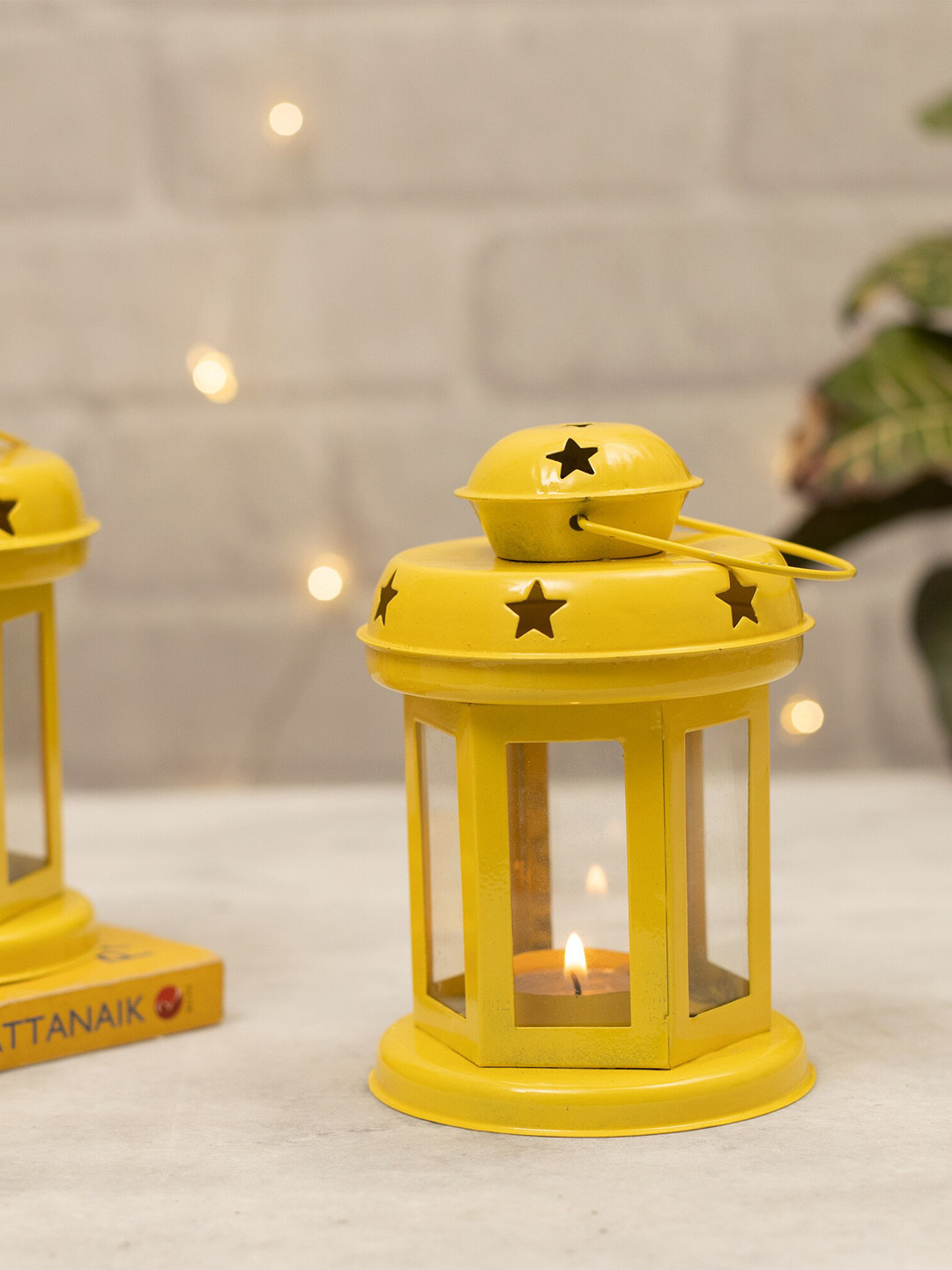 

Homesake Set Of 2 Yellow Solid Lantern Shaped Candle Holders