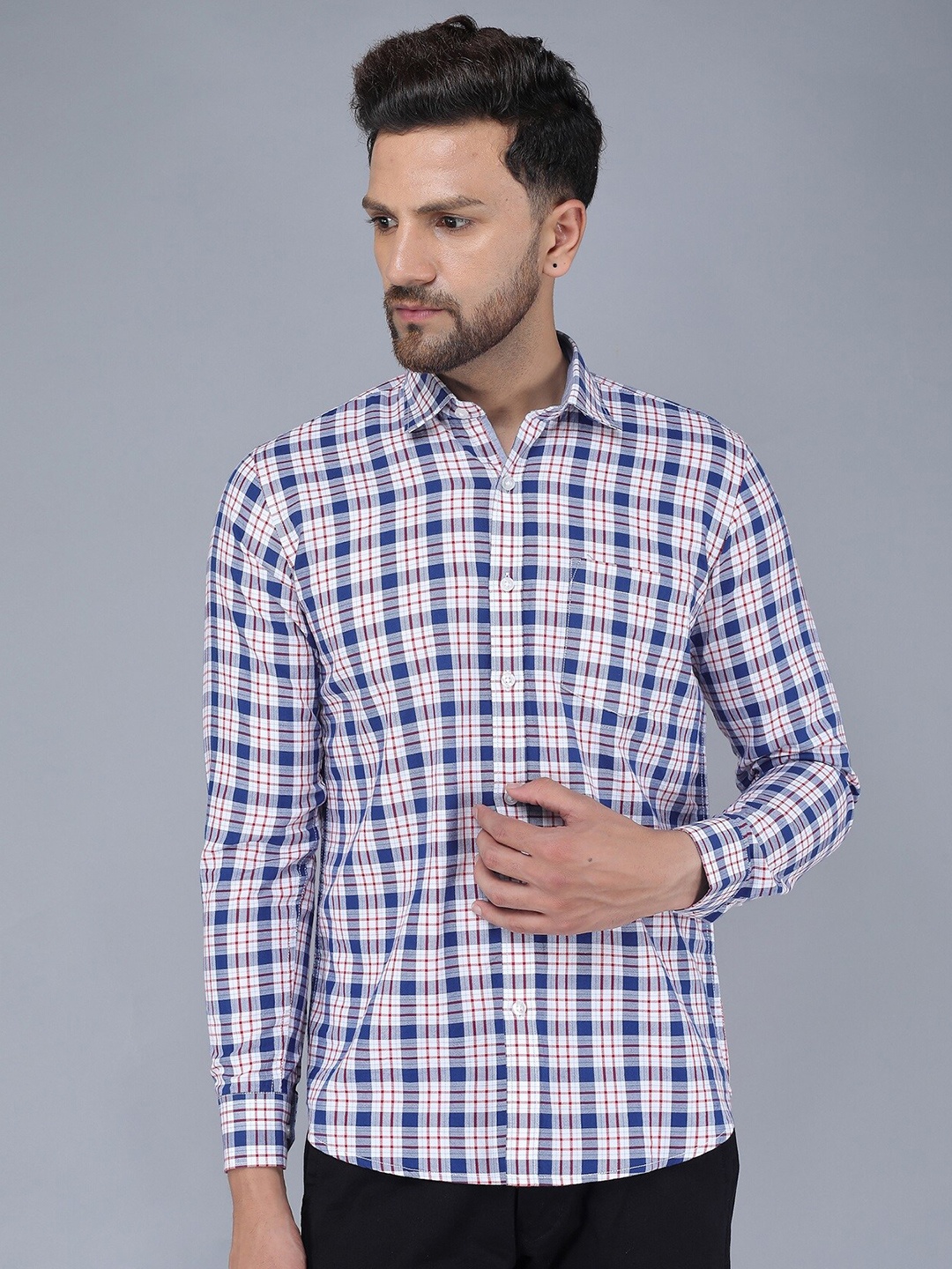 

TQS Men Navy Blue Gingham Checks Cotton Casual Shirt