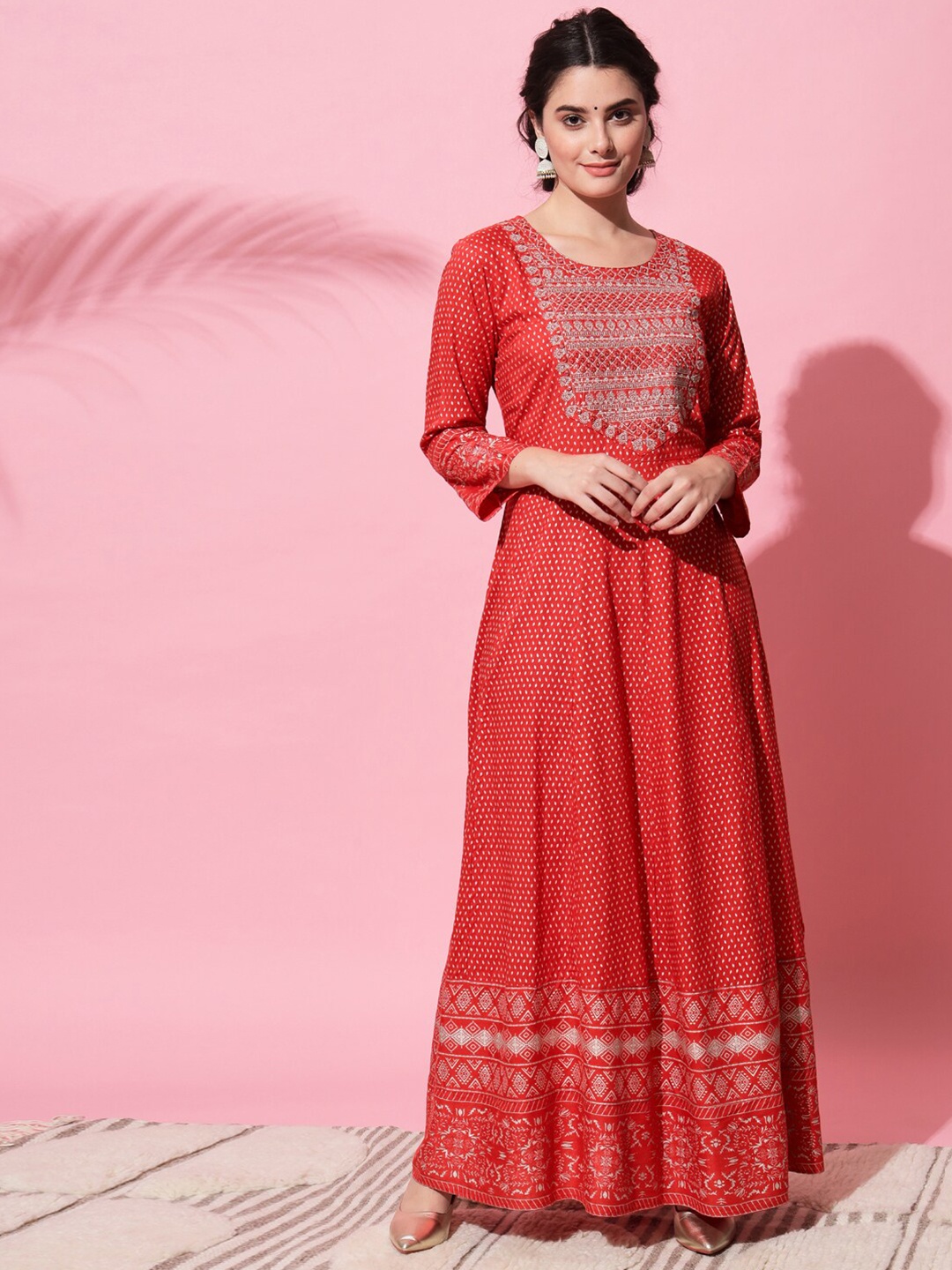 

VAANI CREATION Red & Silver-Toned Ethnic Motifs Embroidered Ethnic Maxi Dress
