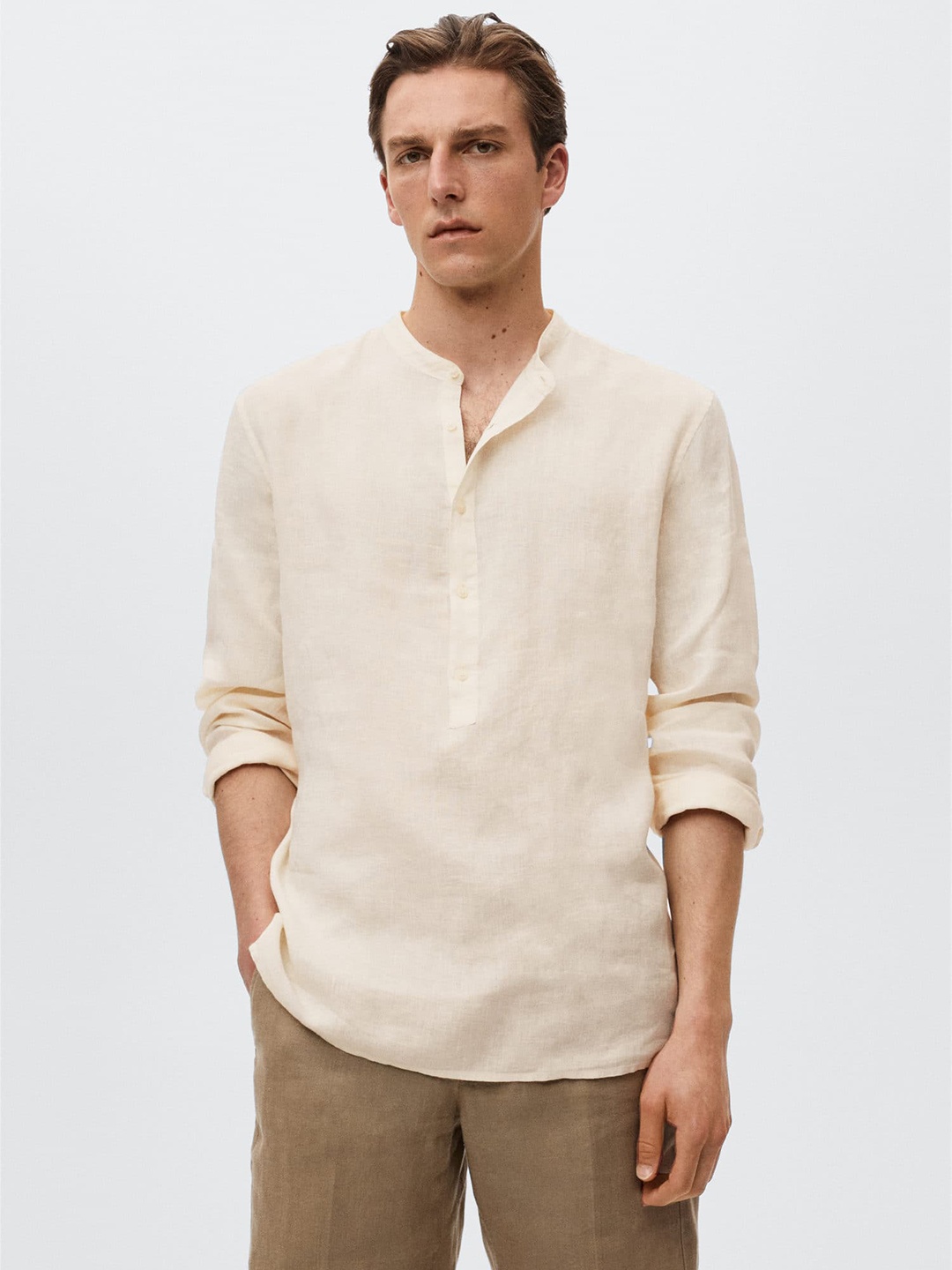 

MANGO MAN Men Off White Band Collar Pure Linen Casual Shirt