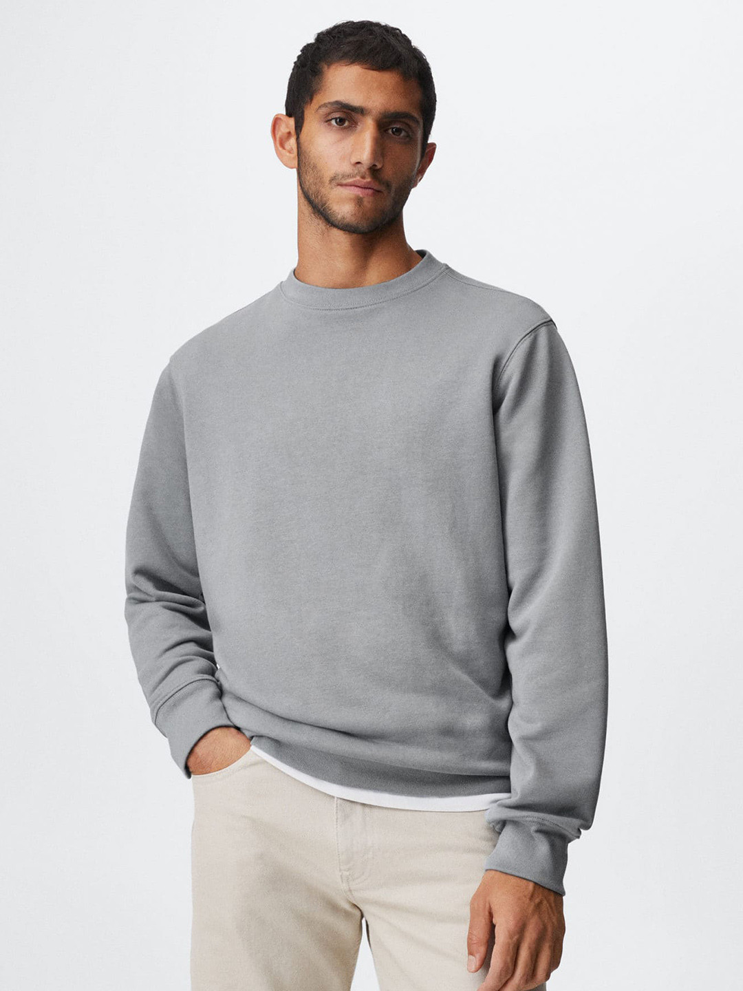 

MANGO MAN Grey Melange Solid Pullover