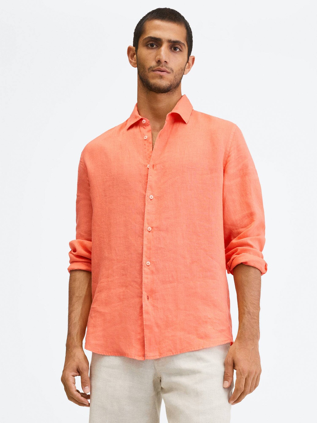 

MANGO MAN Orange Linen Casual Shirt
