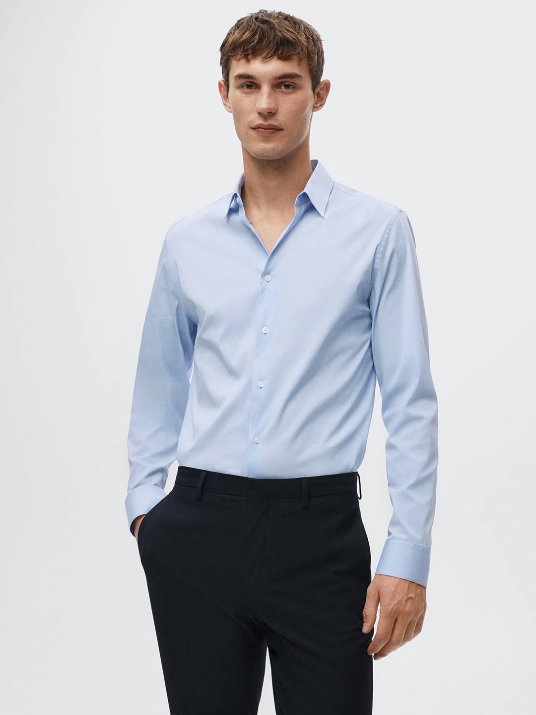 

MANGO MAN Blue Super Slim Solid Formal Shirt