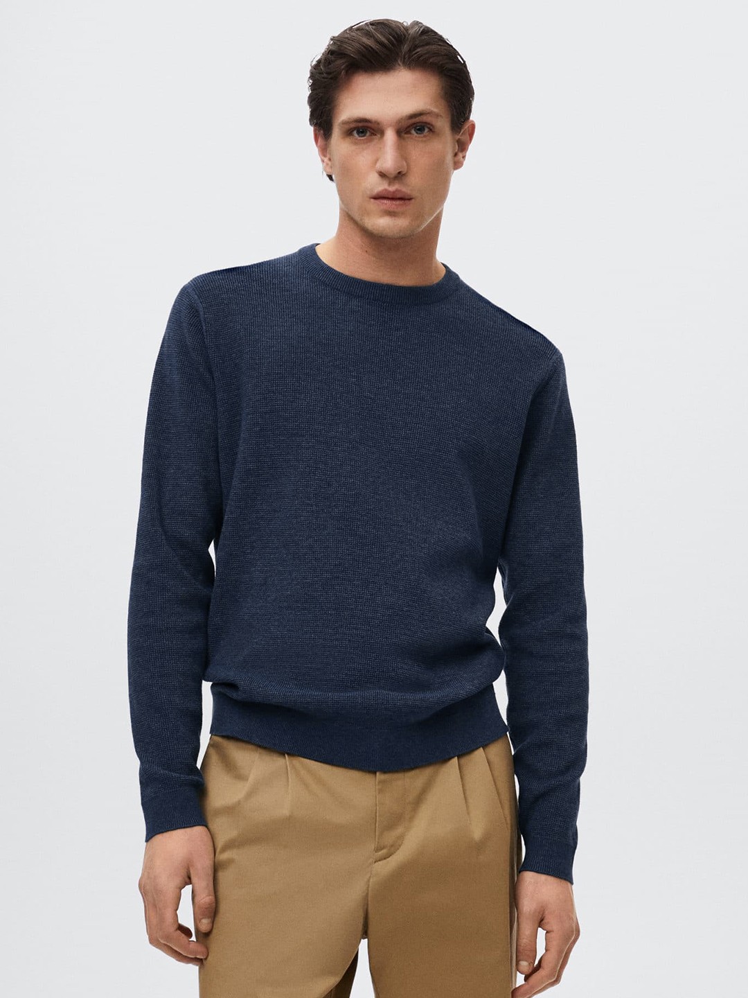 

MANGO MAN Navy Blue Self Design Micro Check Structure Pullover