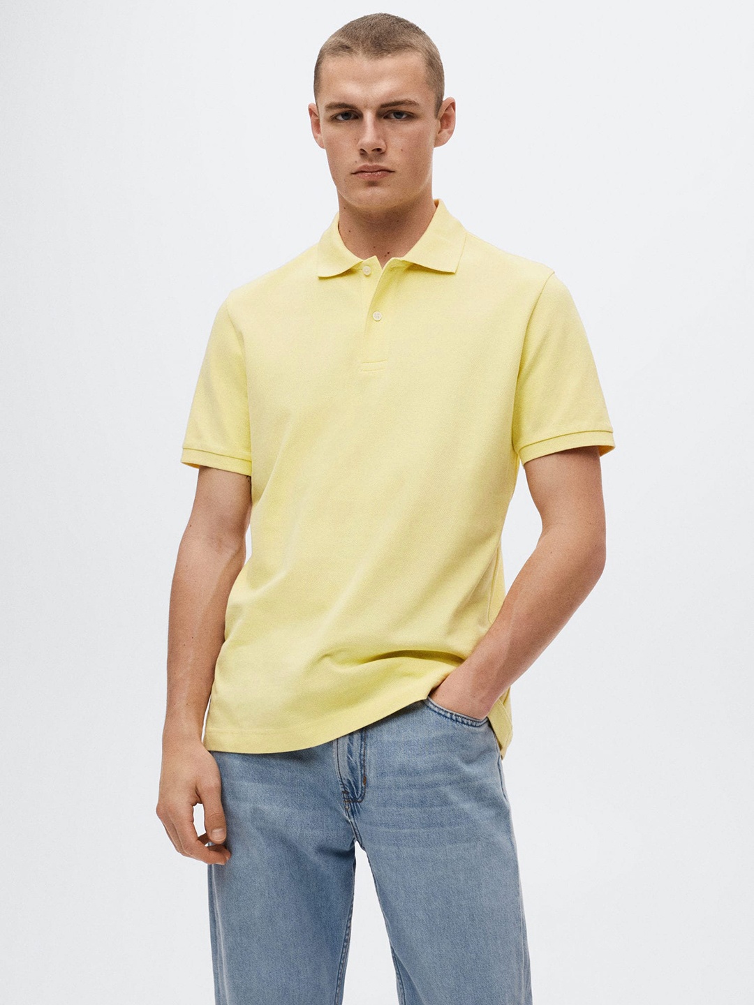 

MANGO MAN Men Yellow Solid Pure Cotton Pique Polo Collar T-shirt