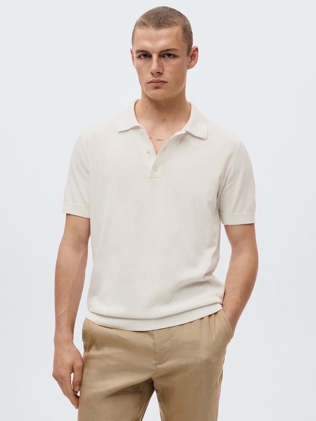 

MANGO MAN Off White Polo Collar T-shirt