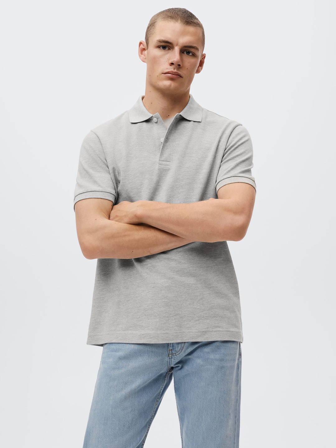 

MANGO MAN Grey Melange Polo Collar T-shirt