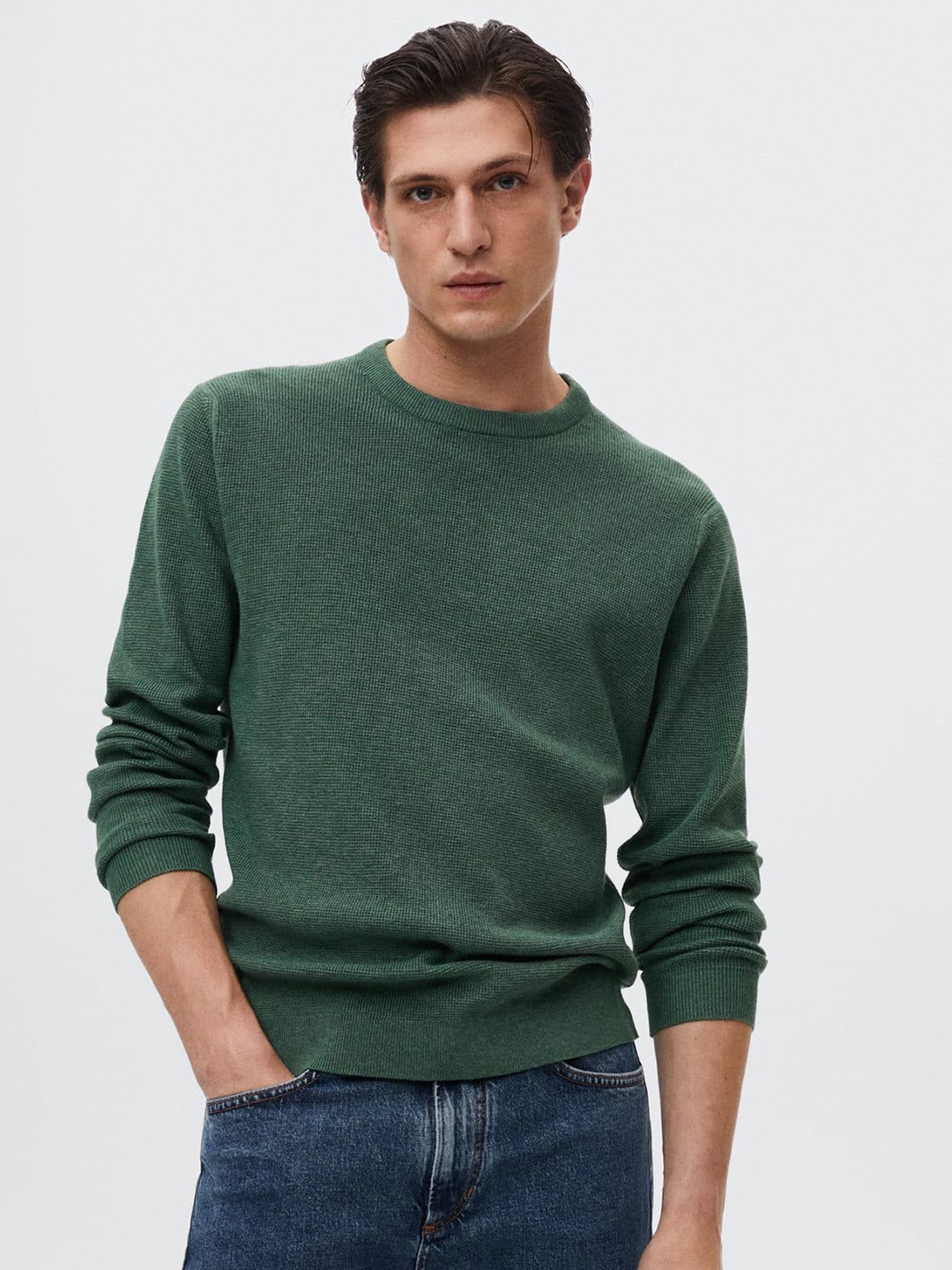 

MANGO MAN Olive Green Self Design Micro Check Structure Pullover