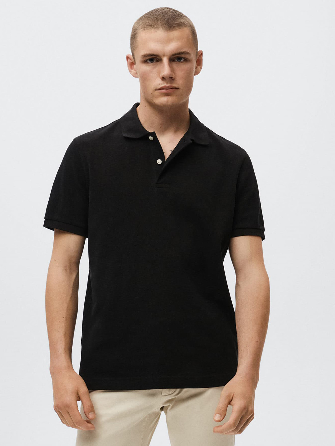 

MANGO MAN Men Black Solid Pure Cotton Pique Polo Collar T-shirt