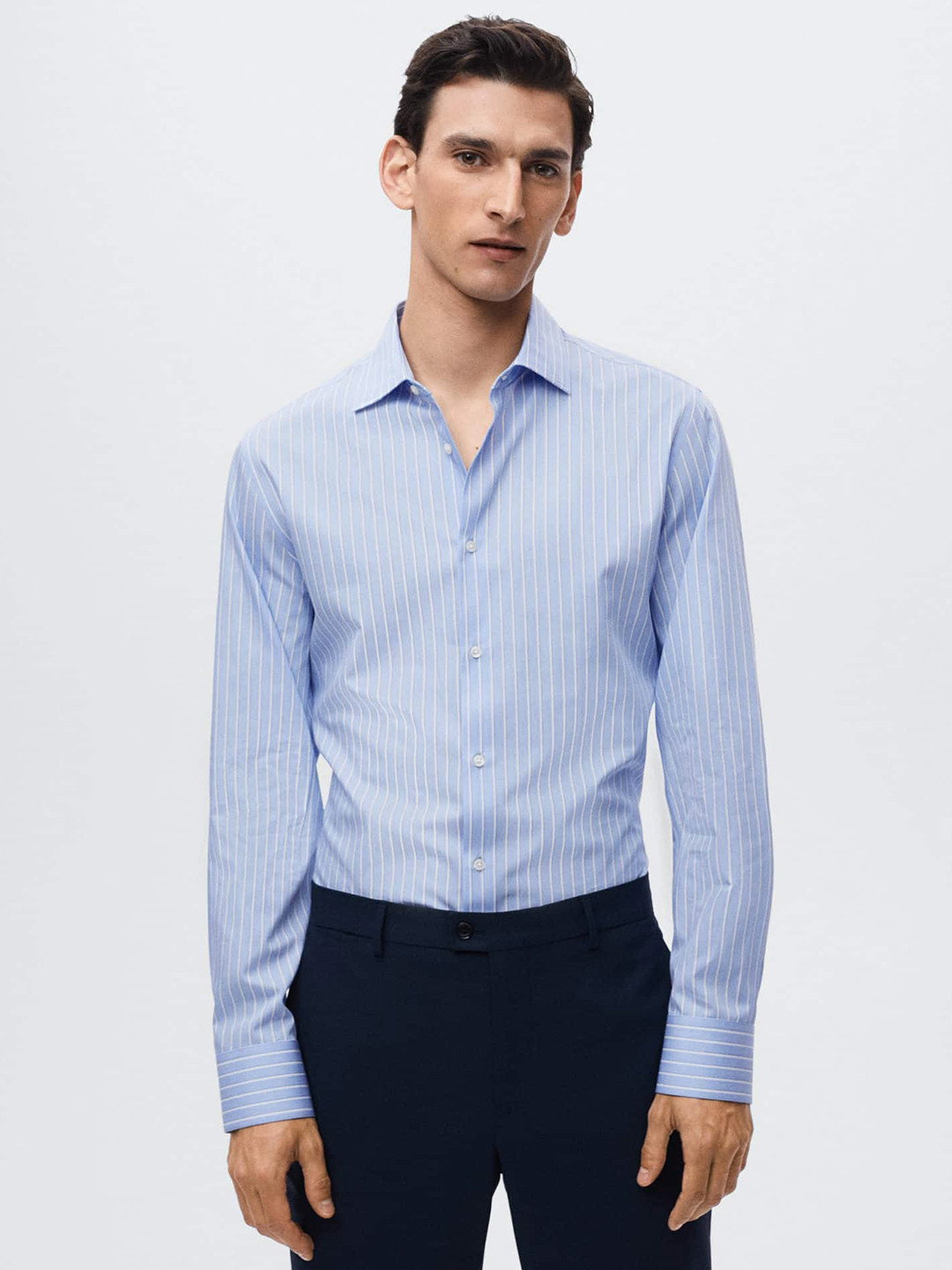 

MANGO MAN Blue Pure Cotton Slim Fit Striped Formal Shirt