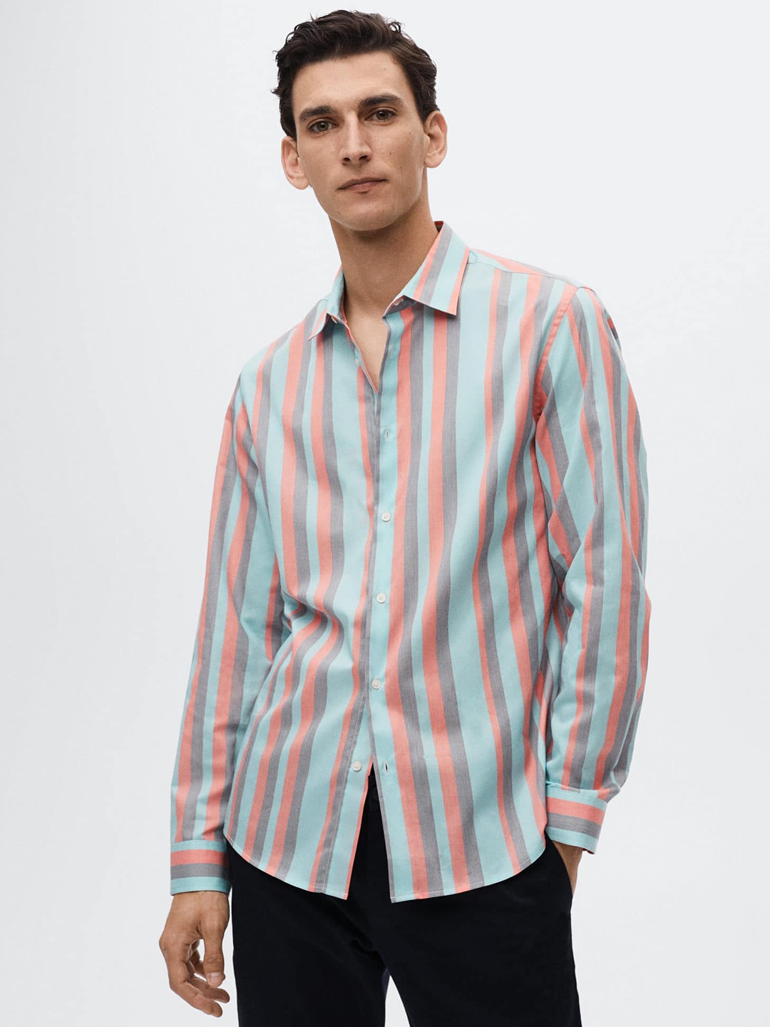 

MANGO MAN Green & Orange Striped Casual Shirt