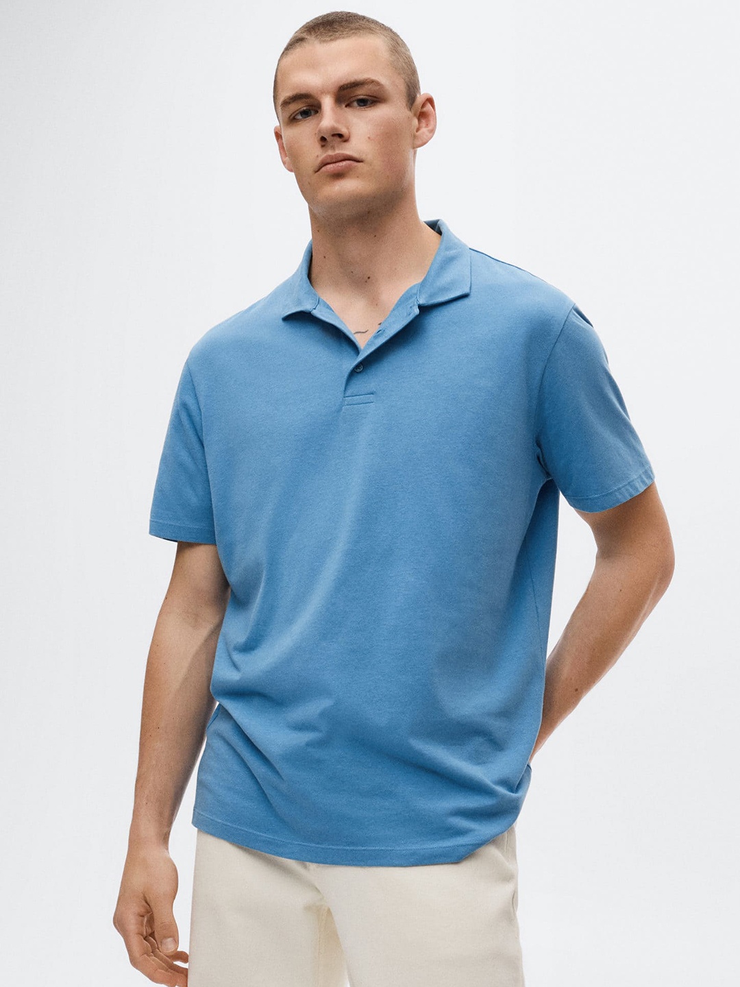 

MANGO MAN Blue Polo Collar Pure Cotton T-shirt