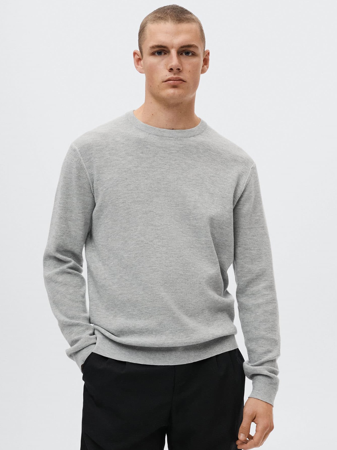

MANGO MAN Men Grey Cable Knit Pullover