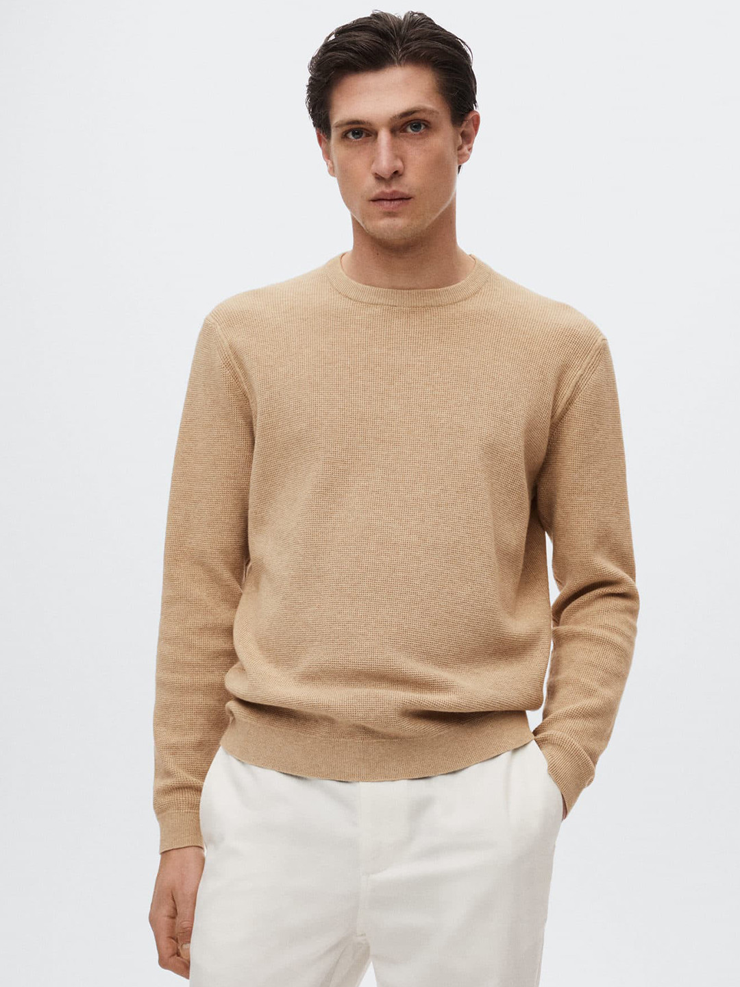 

MANGO MAN Beige Self Design Micro Check Structure Pullover