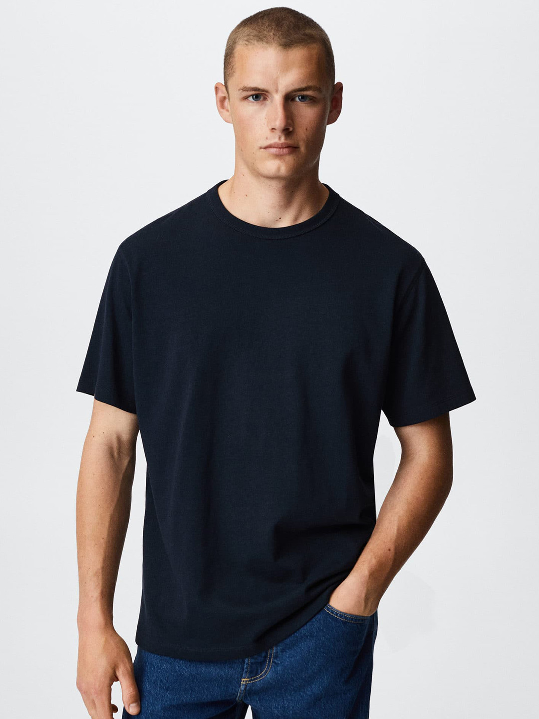 

MANGO MAN Navy Blue Pure Cotton T-shirt