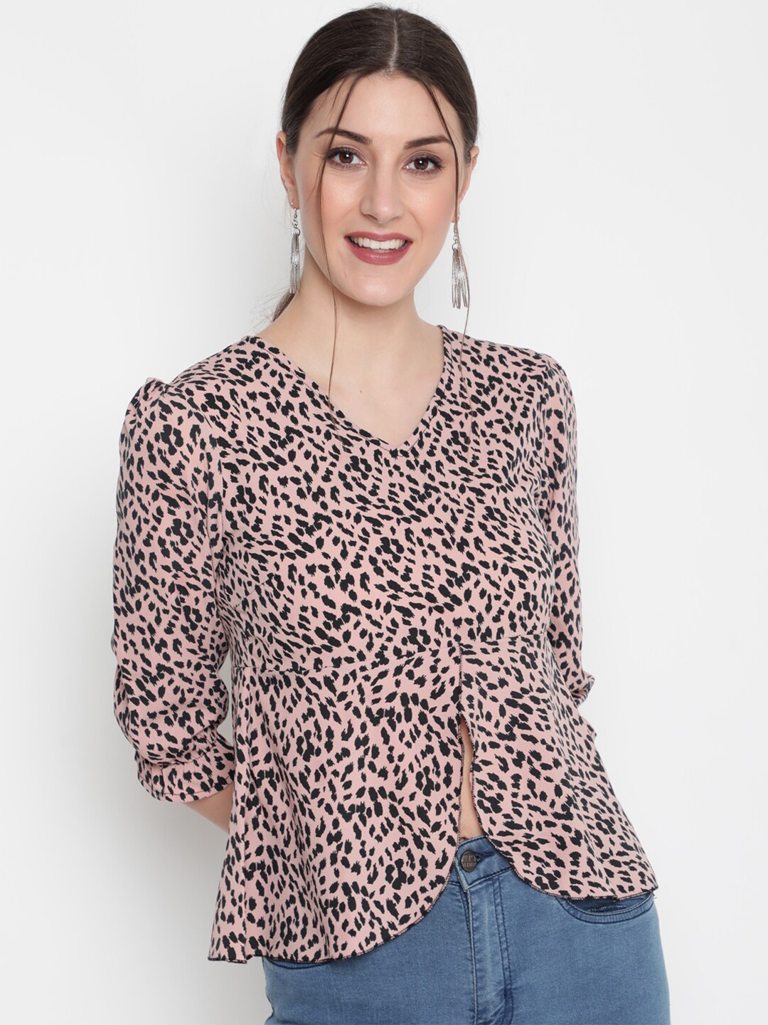 

AKIMIA Women Peach & Black Animal Print Crepe Wrap Top