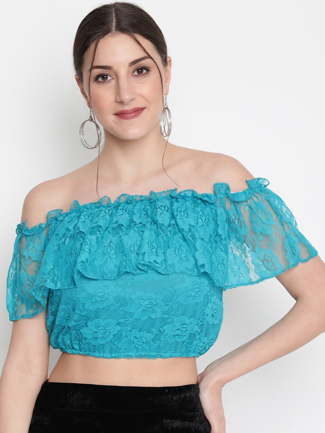 

AKIMIA Women Blue Off-Shoulder Lace Bardot Crop Top