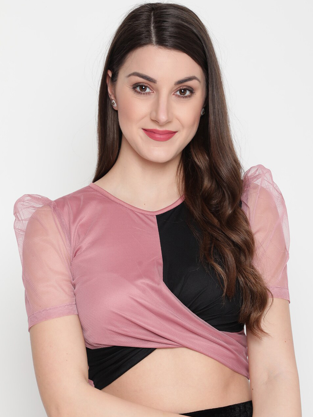 

AKIMIA Women Pink & Black Colourblocked Twisted Crop Top