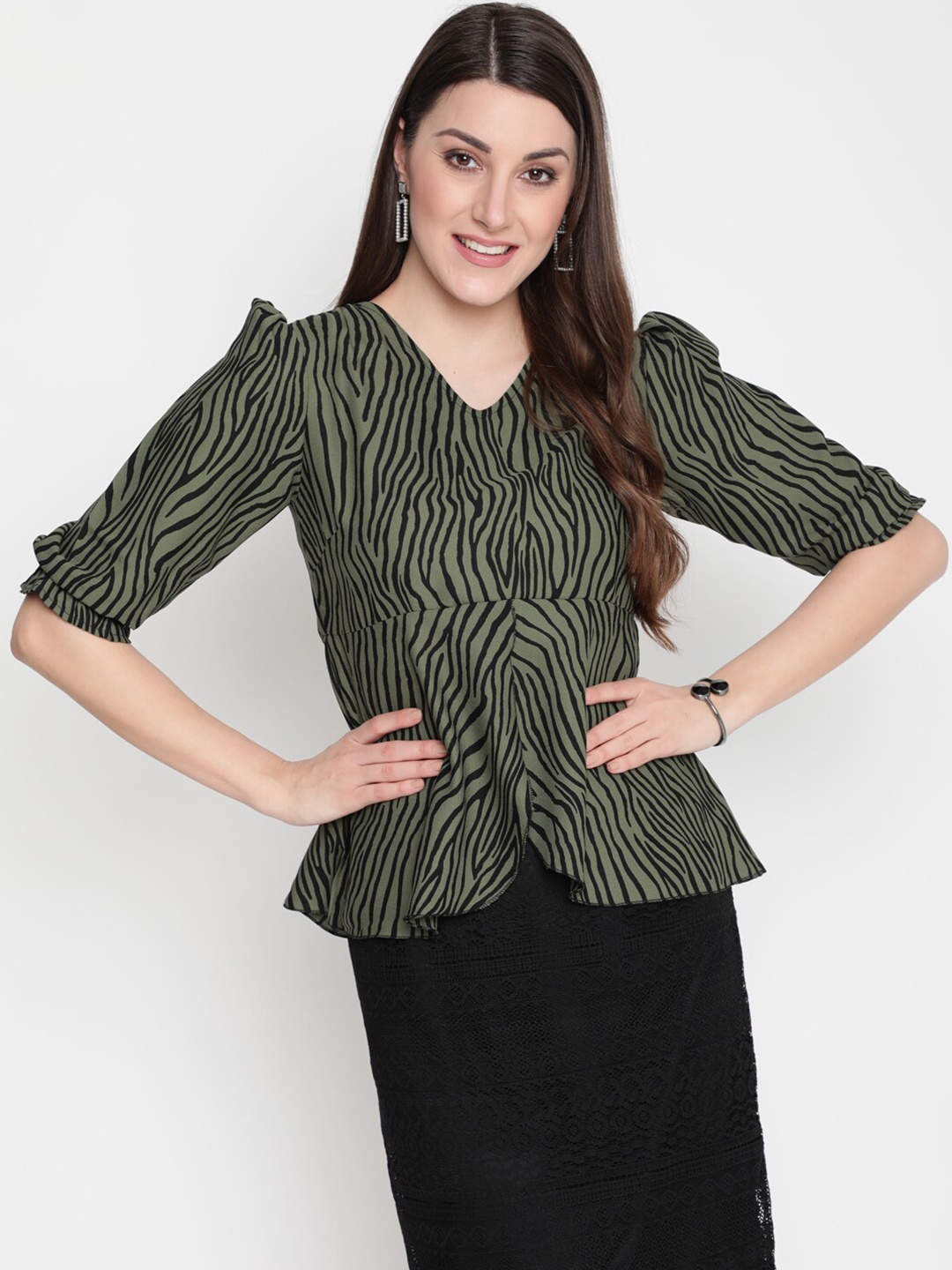 

AKIMIA Women Green Striped Crepe Peplum Top
