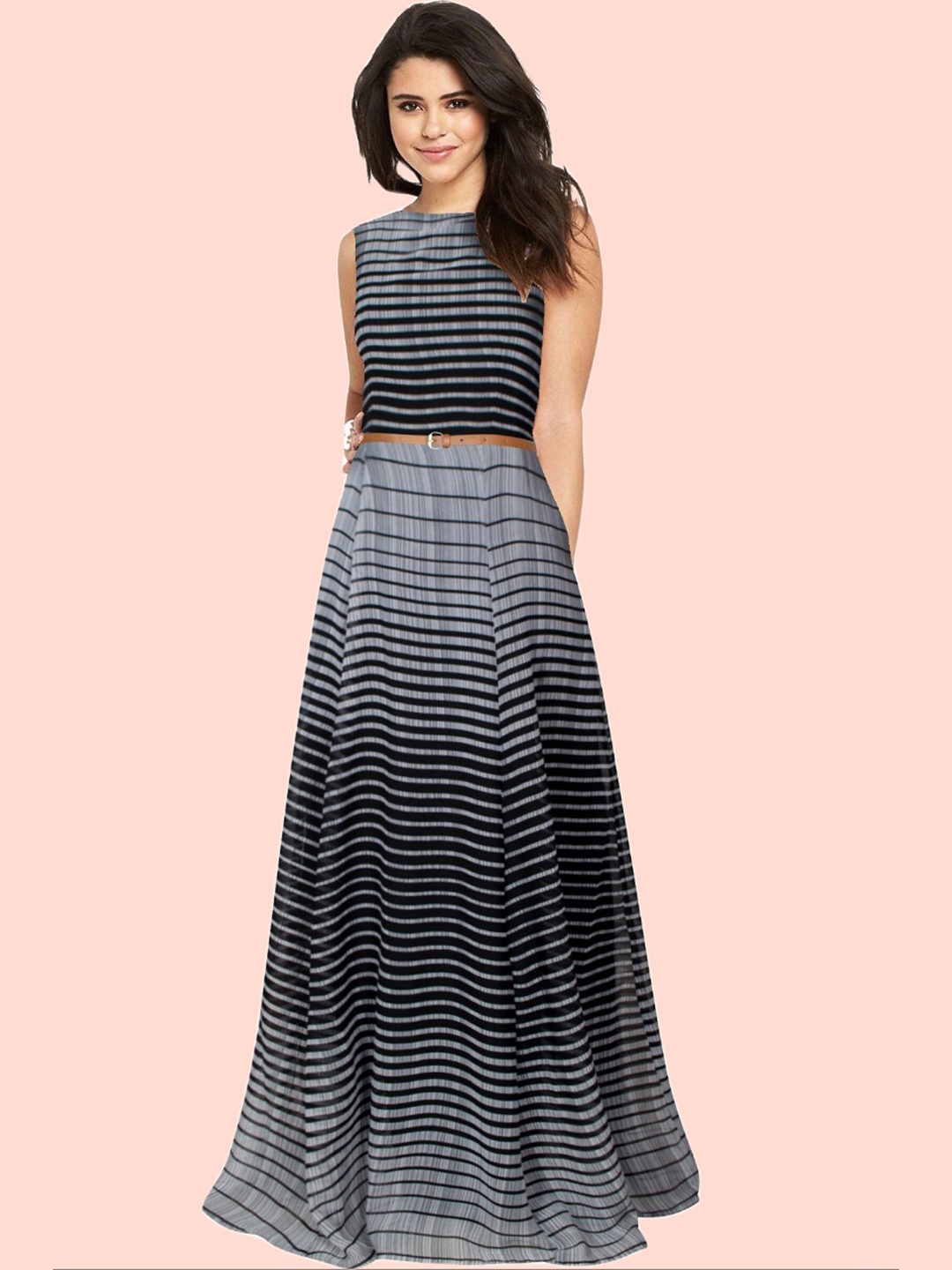 

Dream Beauty Fashion Women Black & Grey Striped Georgette Maxi Dress