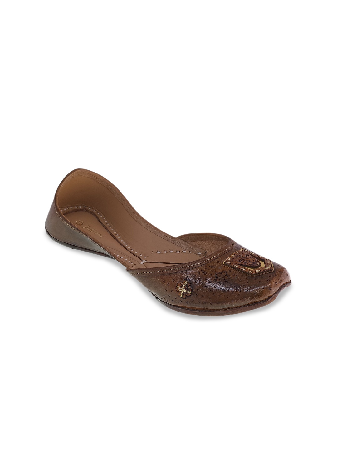 

Fulkari Women Tan Embellished Mojaris with Laser Cuts Flats