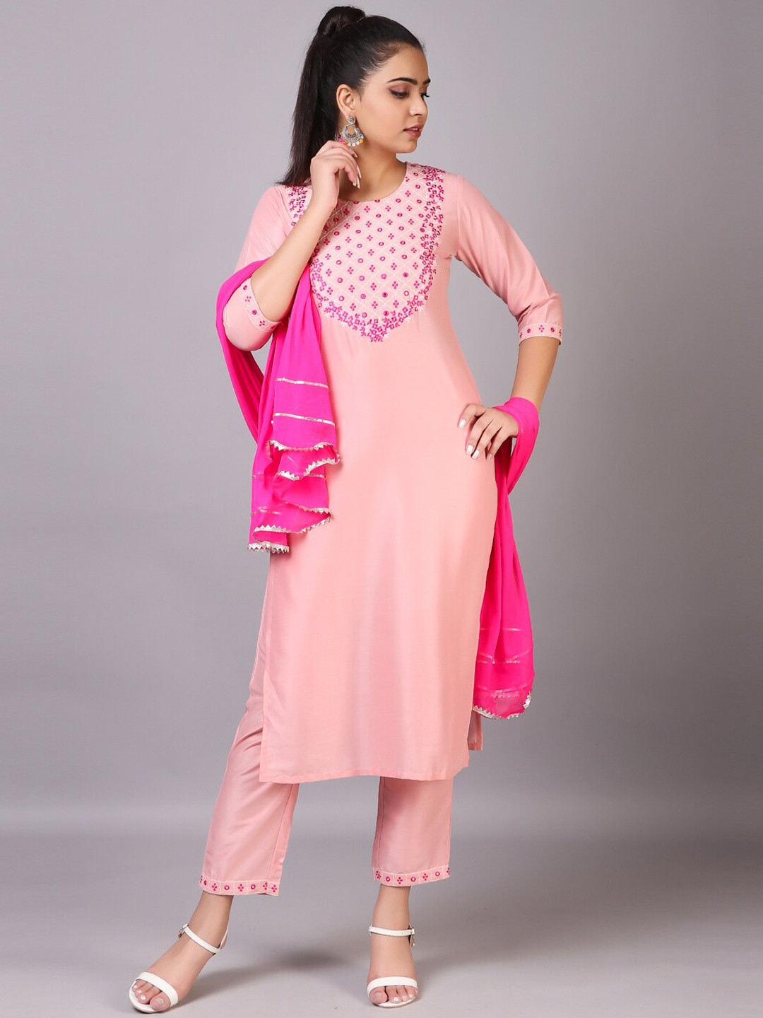 

V TRADITION Women Pink Mirror Work Kurta With Trousers & With Dupatta