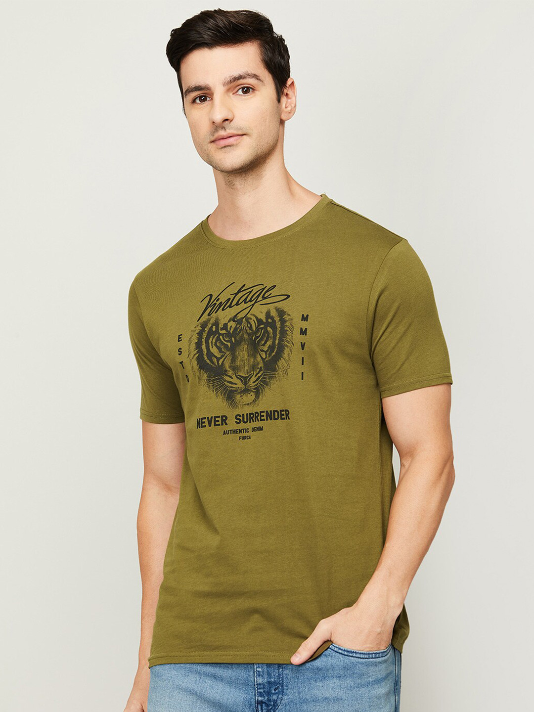 

Forca Men Olive Green Printed Cotton T-shirt