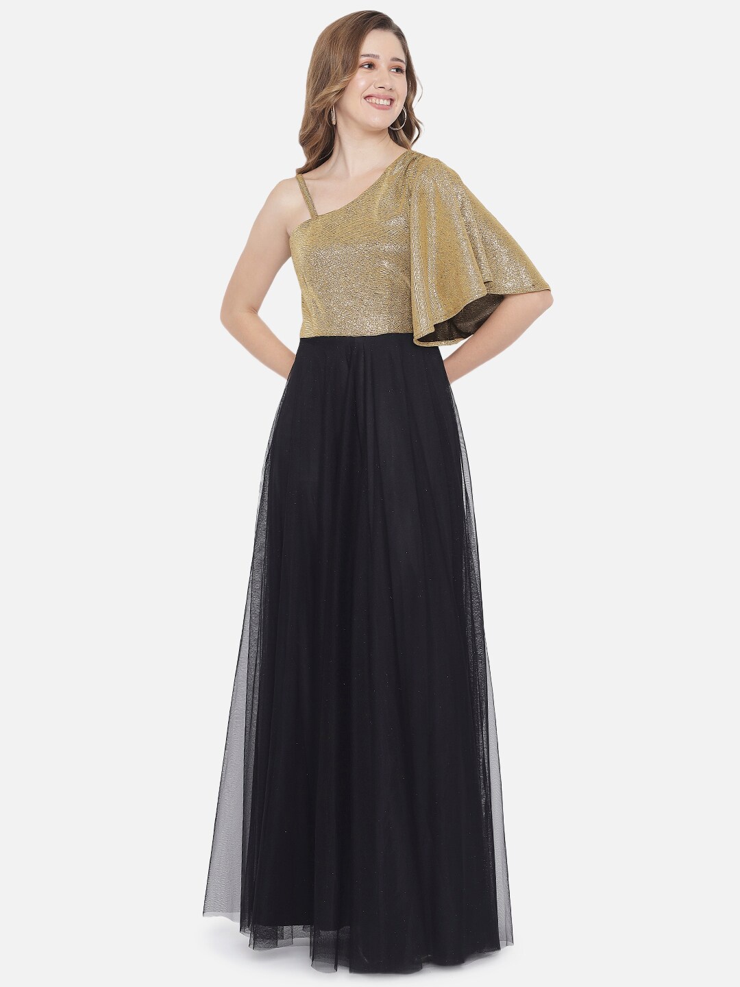 

Just Wow Gold-Toned Embellished Net Maxi Dress