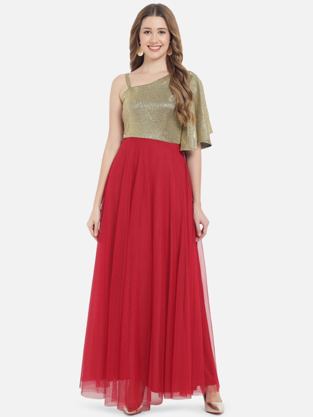 

Just Wow Gold-Toned & Red Colourblocked Net Maxi Dress